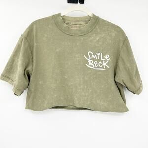 Youniverse Womens Streetwear Smile Back‎ Graphic Cutoff Crop T-Shirt XS Green